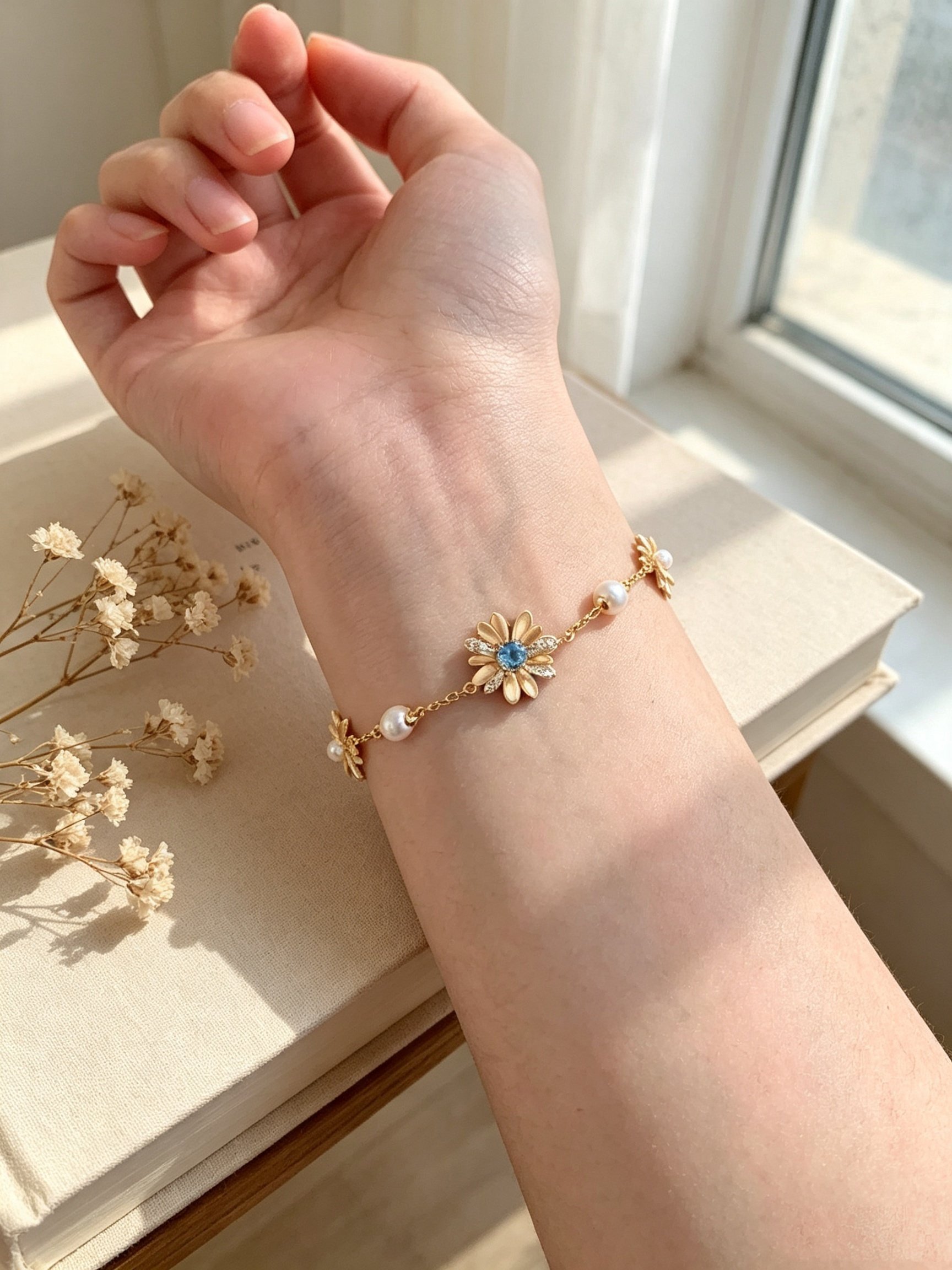 Gold Daisy and Pearl Link Bracelet