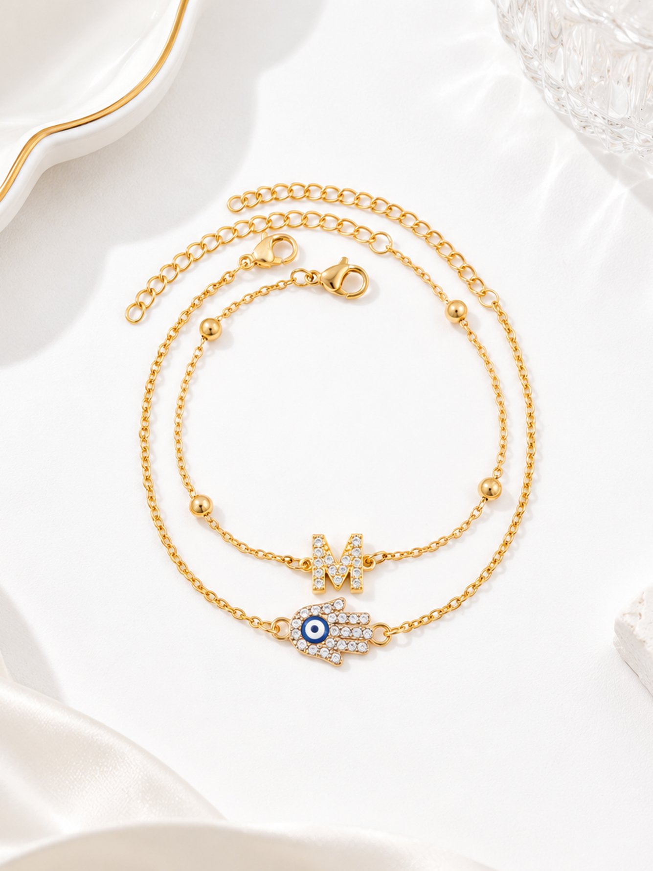 Gold Hamsa Hand and Initial Layered Bracelets - Set of 2