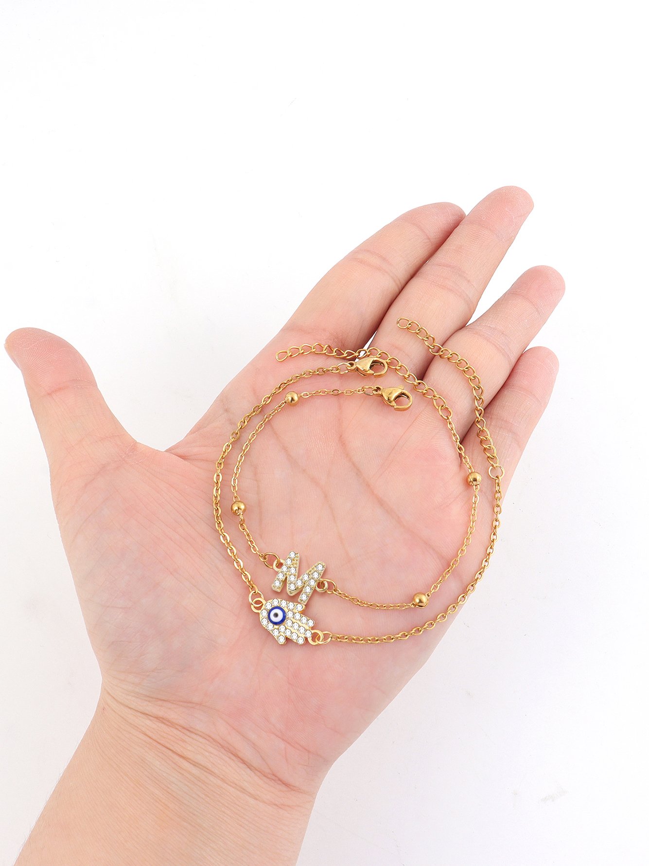 Gold Hamsa Hand and Initial Layered Bracelets - Set of 2