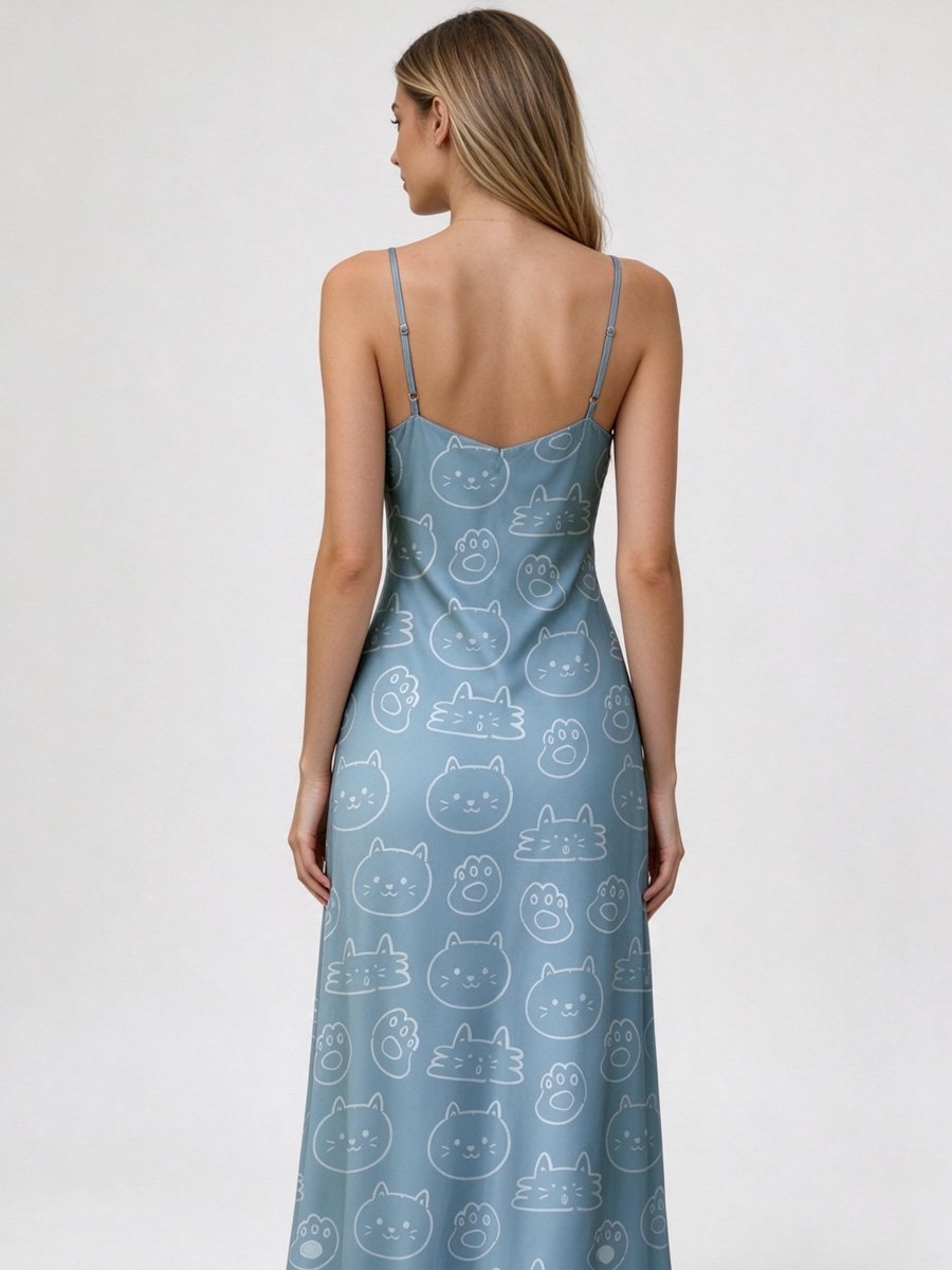 Light Blue Cat and Paw Print Slip Maxi Dress