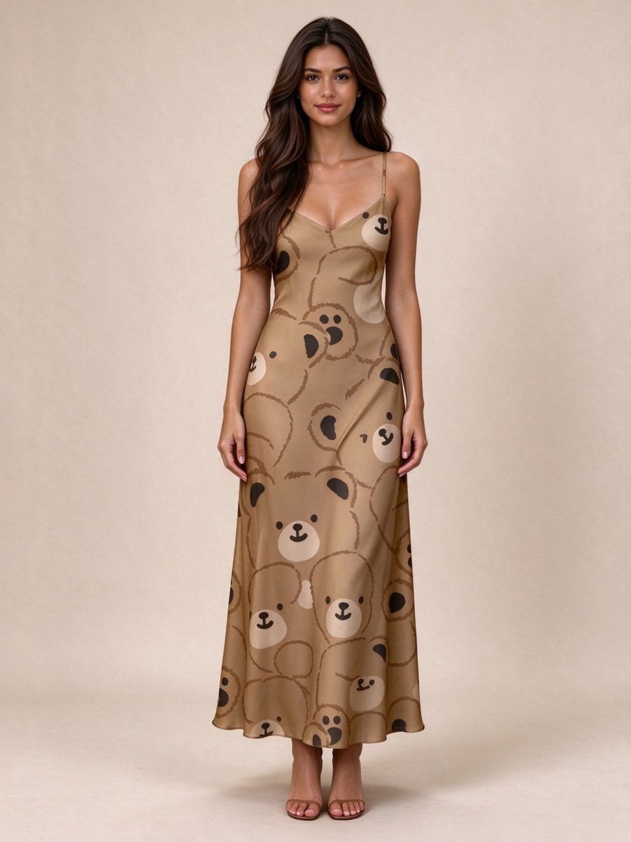 Brown Bear Print Slip Maxi Dress