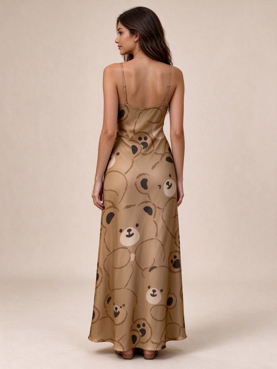 Brown Bear Print Slip Maxi Dress