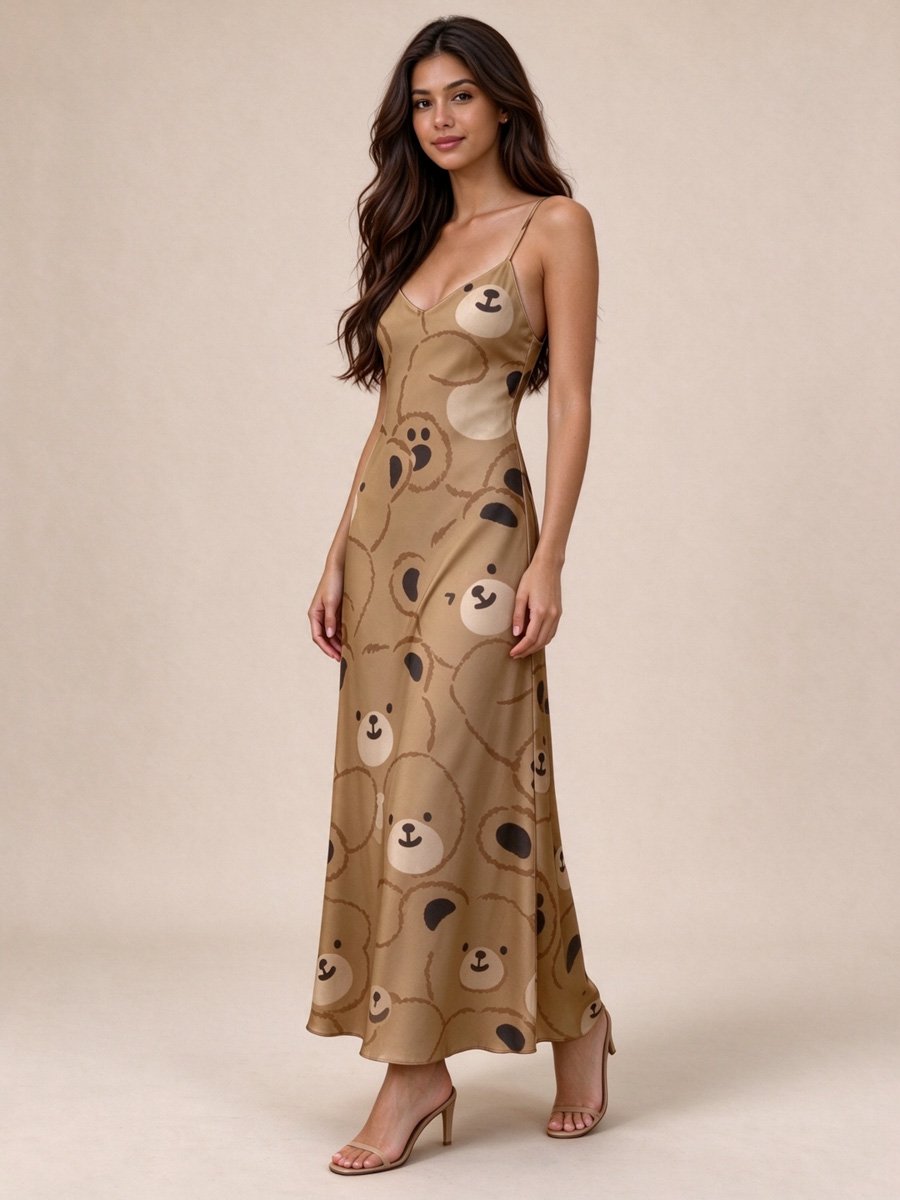 Brown Bear Print Slip Maxi Dress