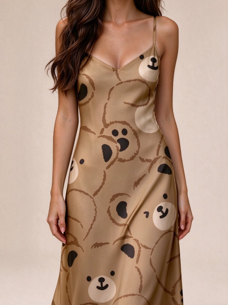 Brown Bear Print Slip Maxi Dress