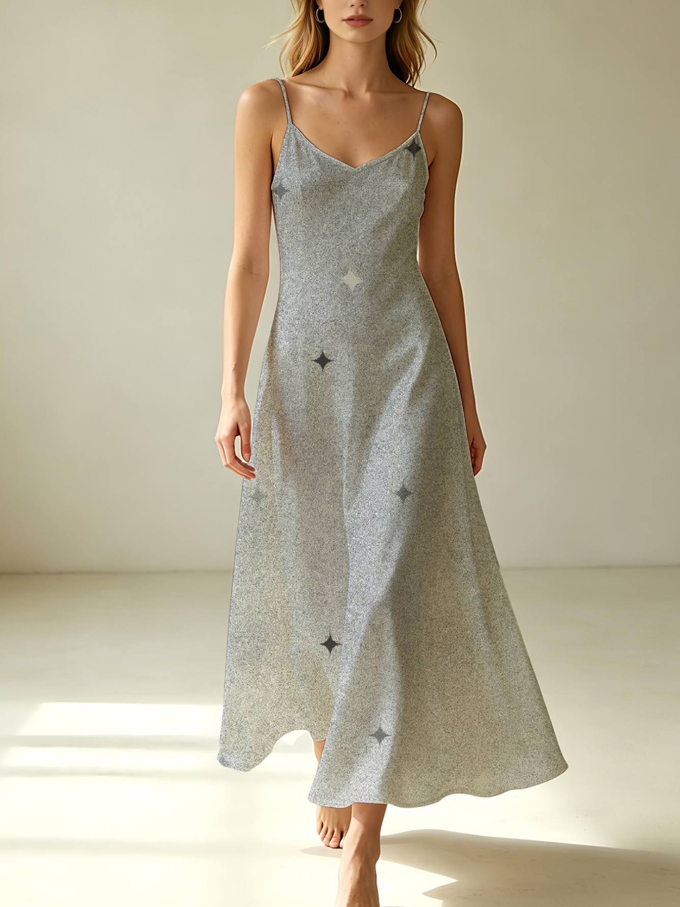 Silver Star Print Sleeveless Maxi Slip Dress