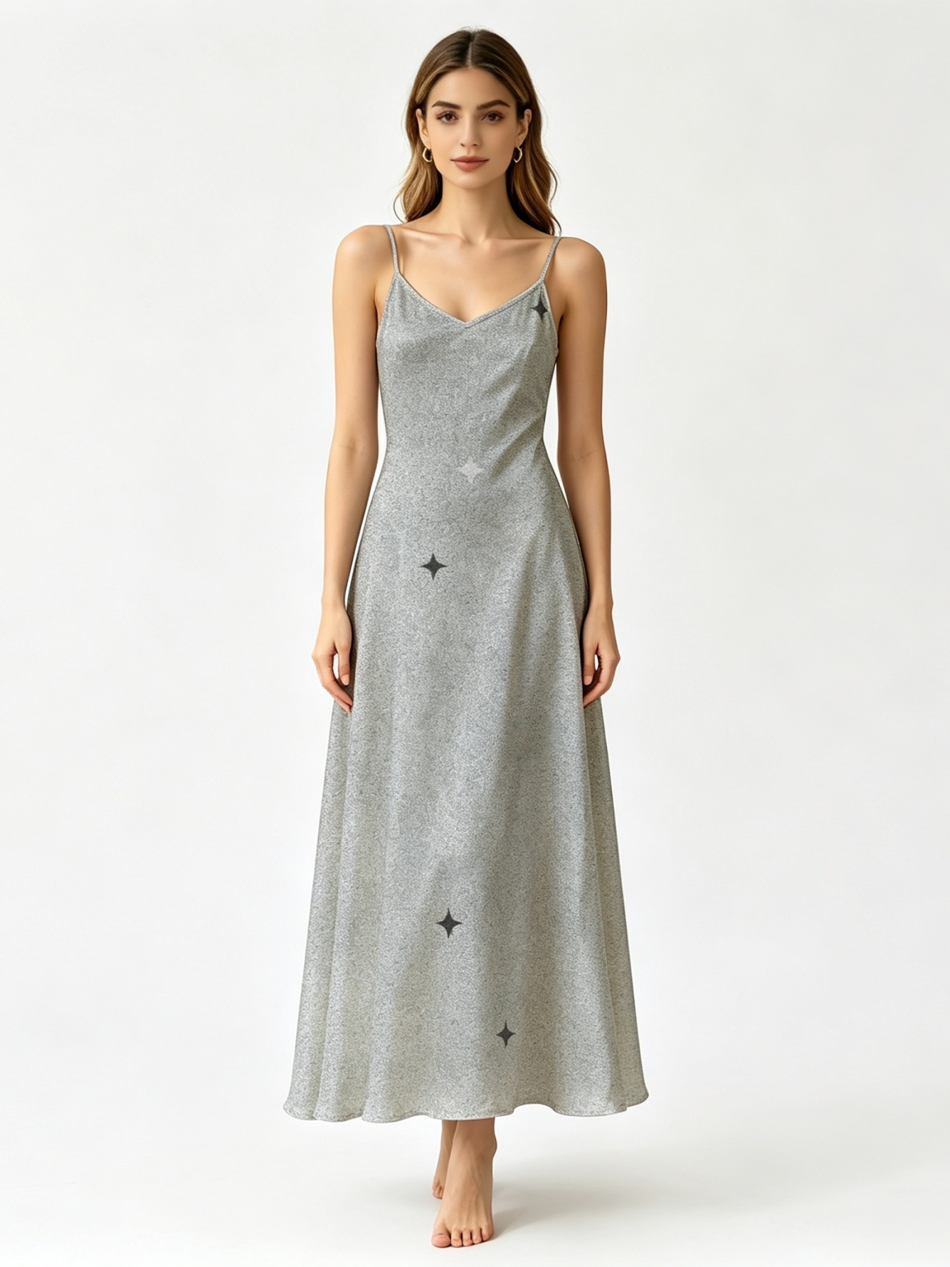 Silver Star Print Sleeveless Maxi Slip Dress
