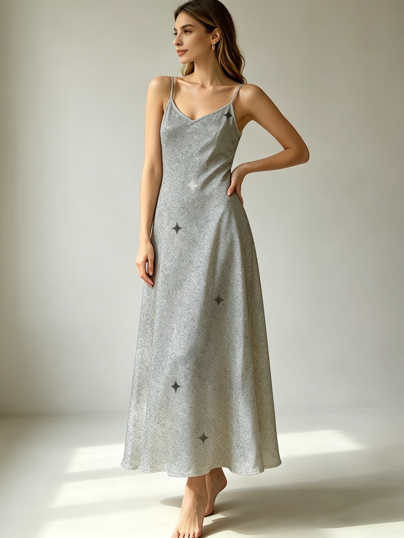 Silver Star Print Sleeveless Maxi Slip Dress