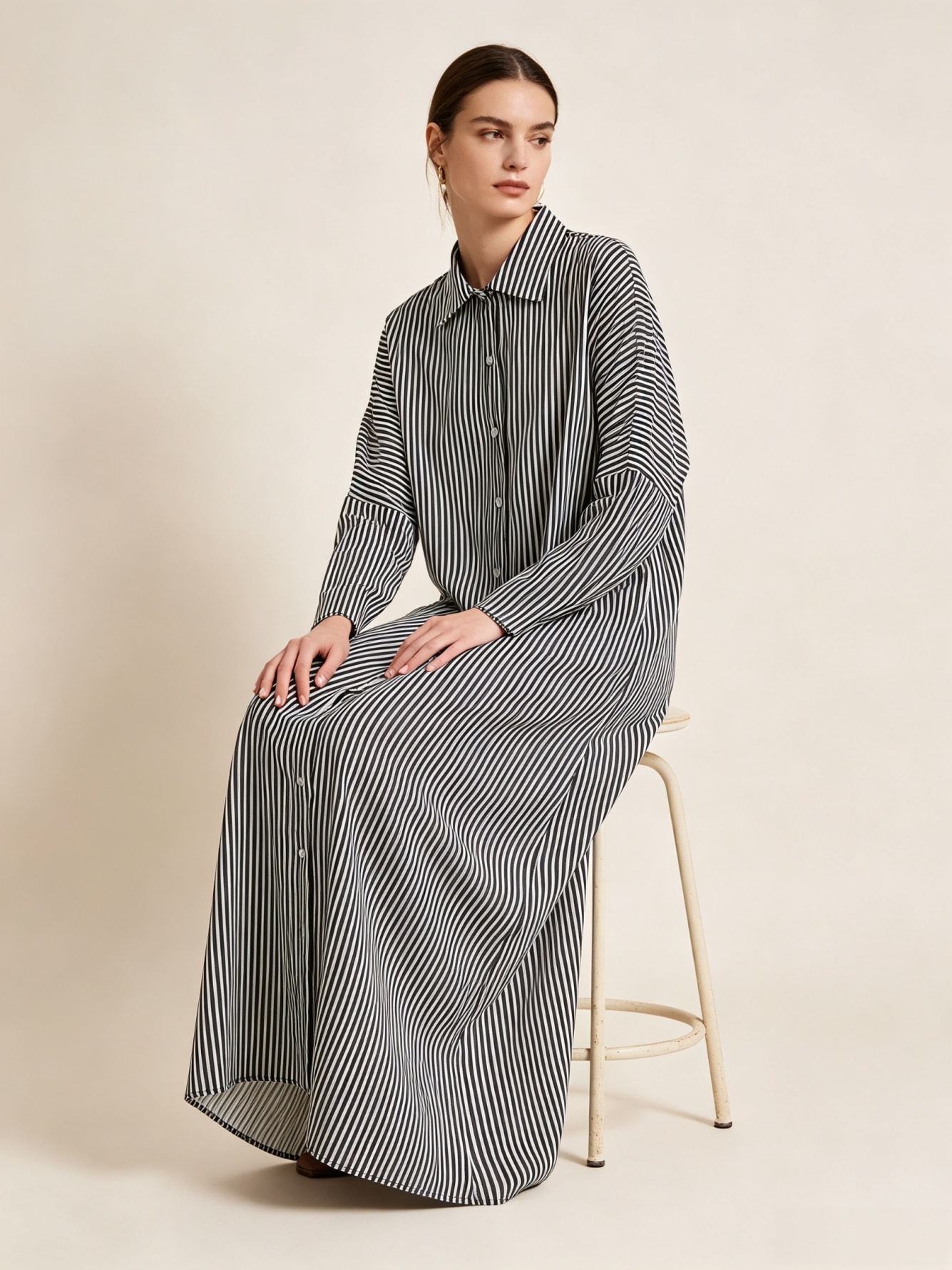 Black Striped Long Sleeve Shirt Maxi Dress