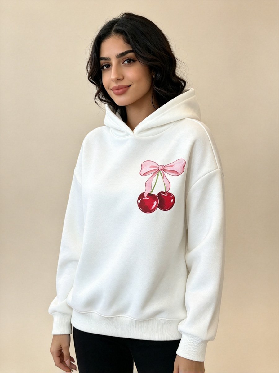 White Cherry Bow Graphic Hoodie