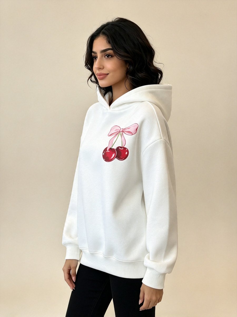 White Cherry Bow Graphic Hoodie