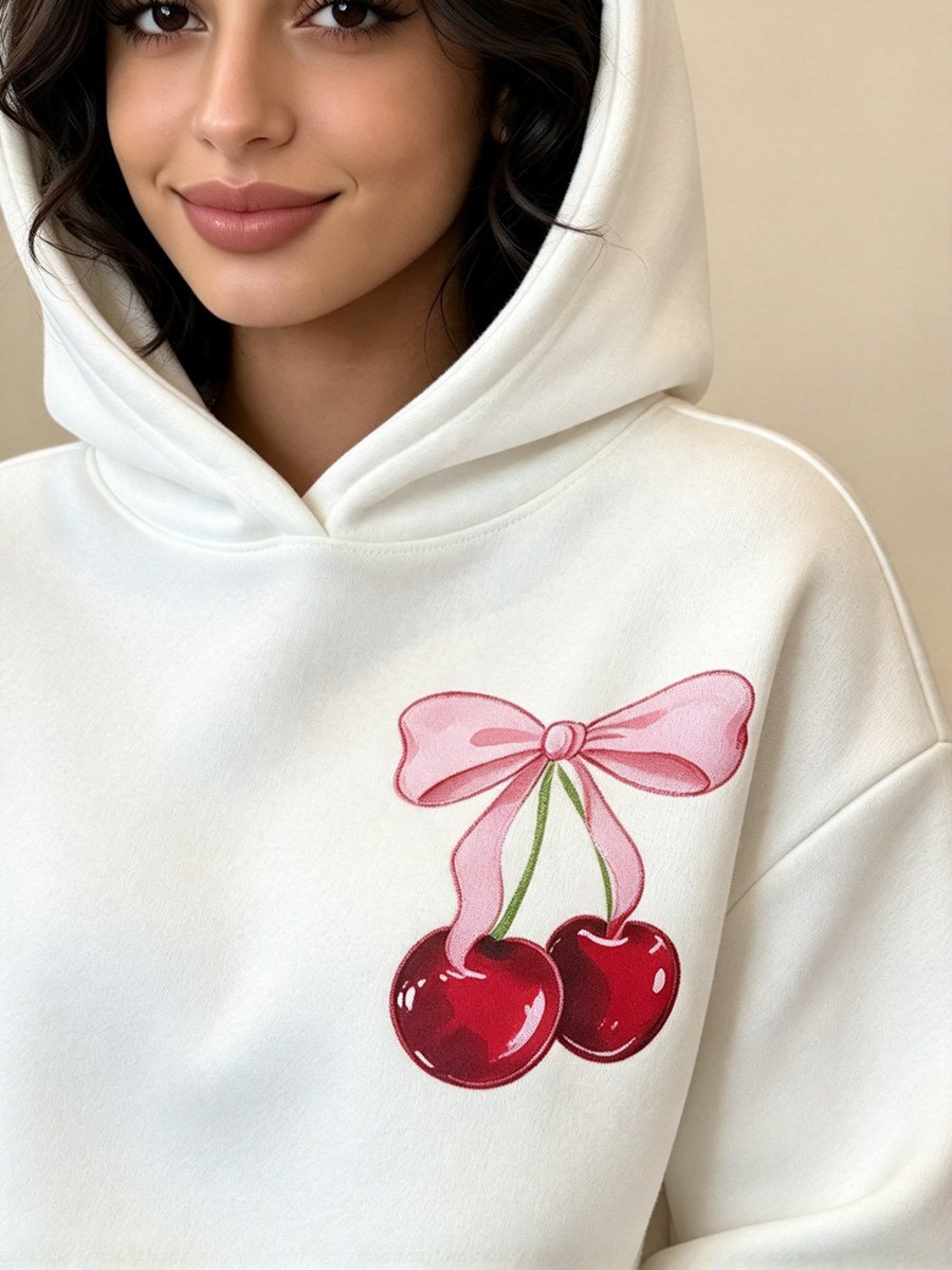 White Cherry Bow Graphic Hoodie