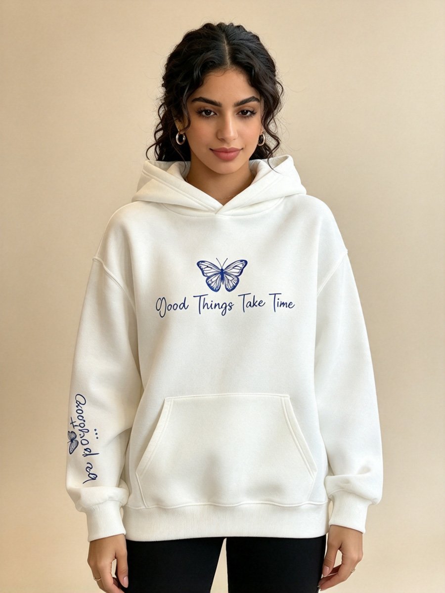 White Butterfly Print Hoodie