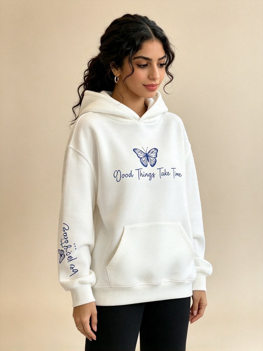 White Butterfly Print Hoodie