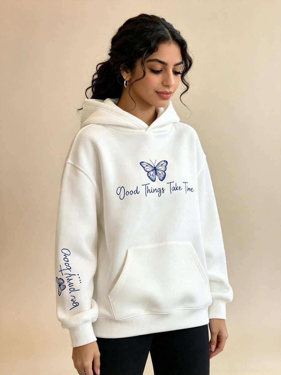 White Butterfly Print Hoodie