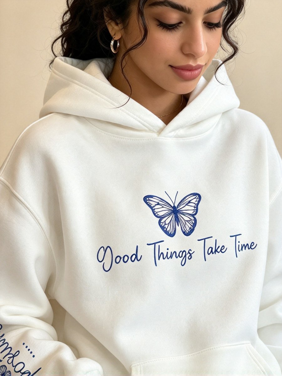 White Butterfly Print Hoodie