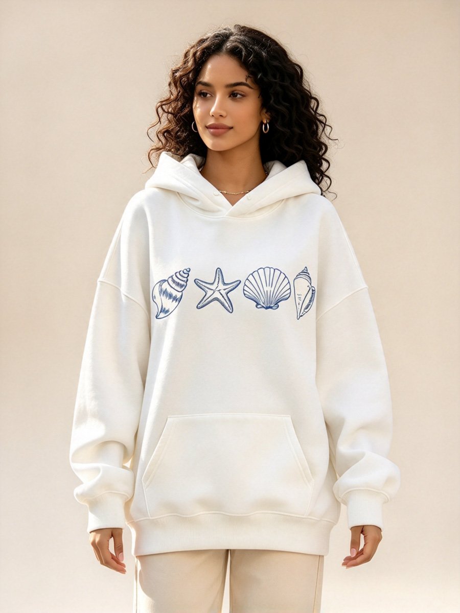 White Coastal Print Hoodie