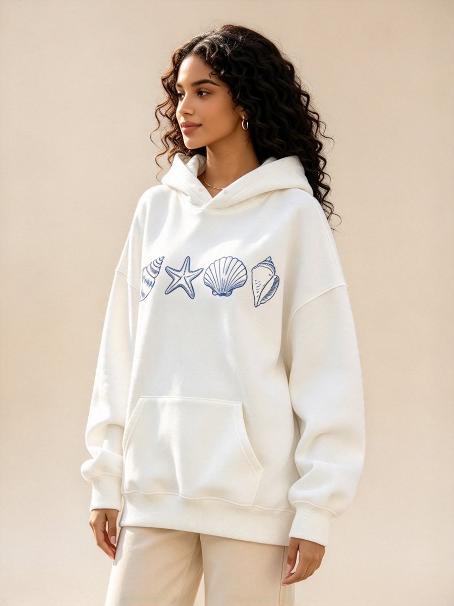 White Coastal Print Hoodie