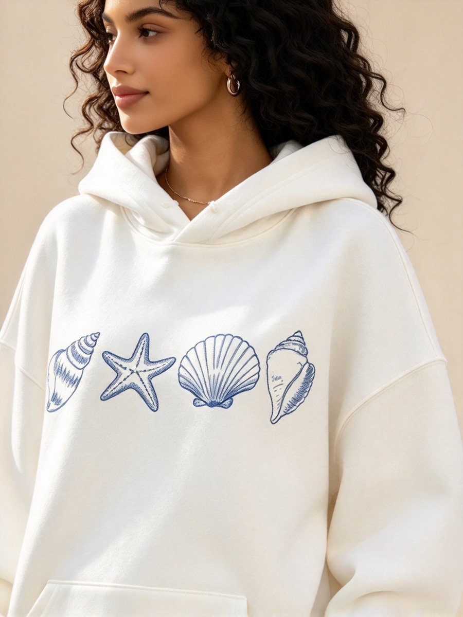 White Coastal Print Hoodie