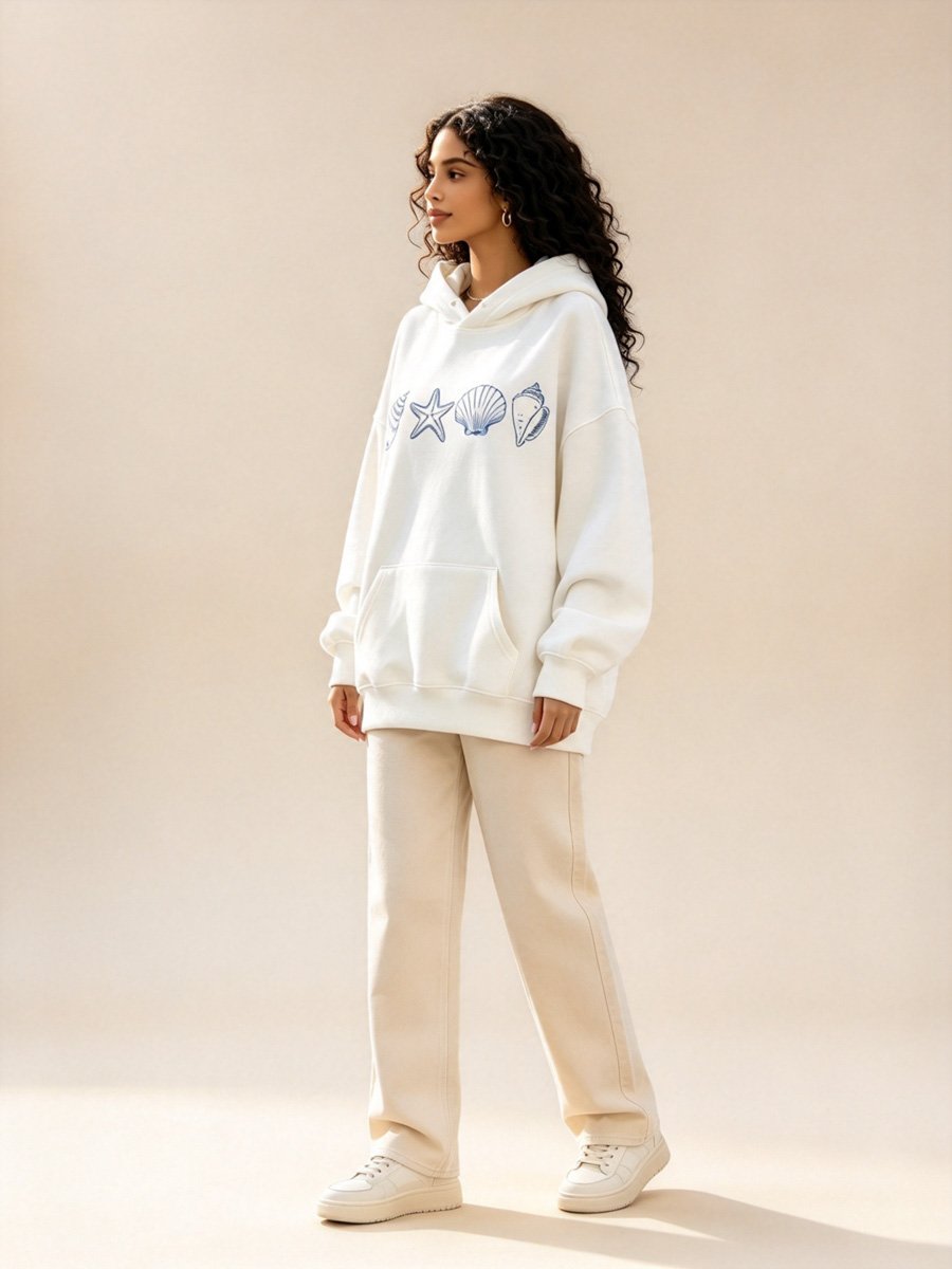 White Coastal Print Hoodie