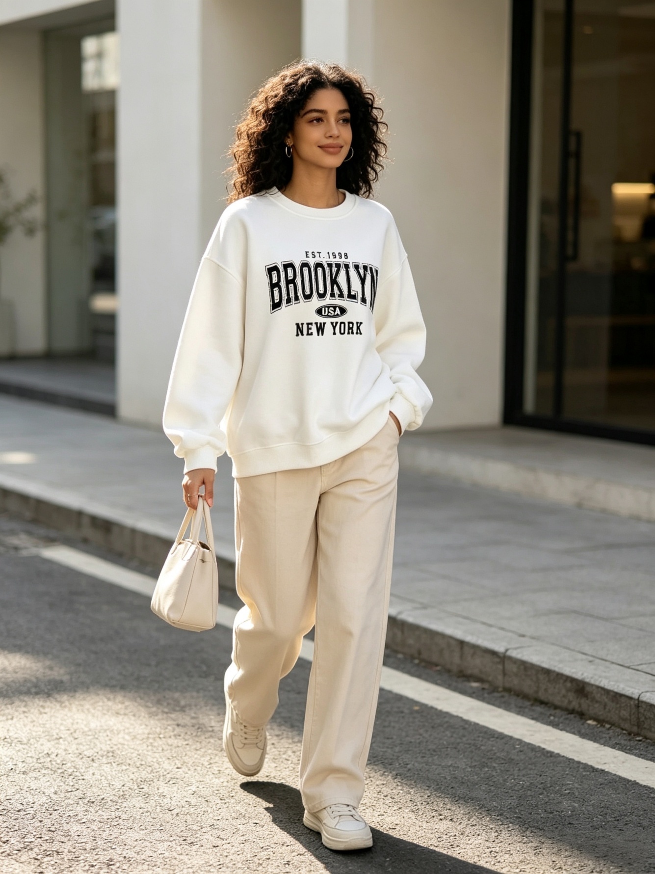 White Brooklyn Graphic Crew Neck Sweatshirt