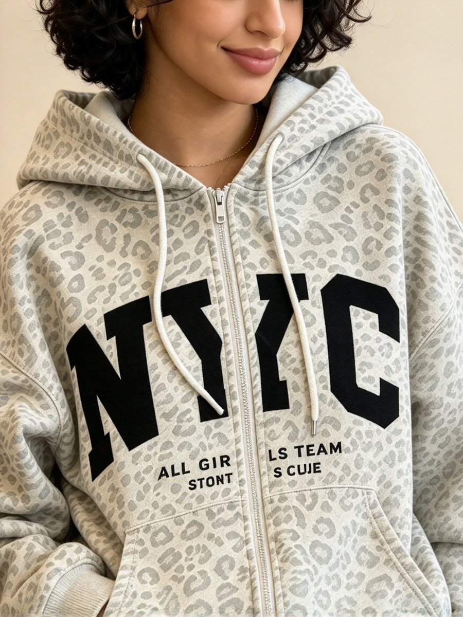 Beige Leopard Print NYC Zip-Up Hoodie