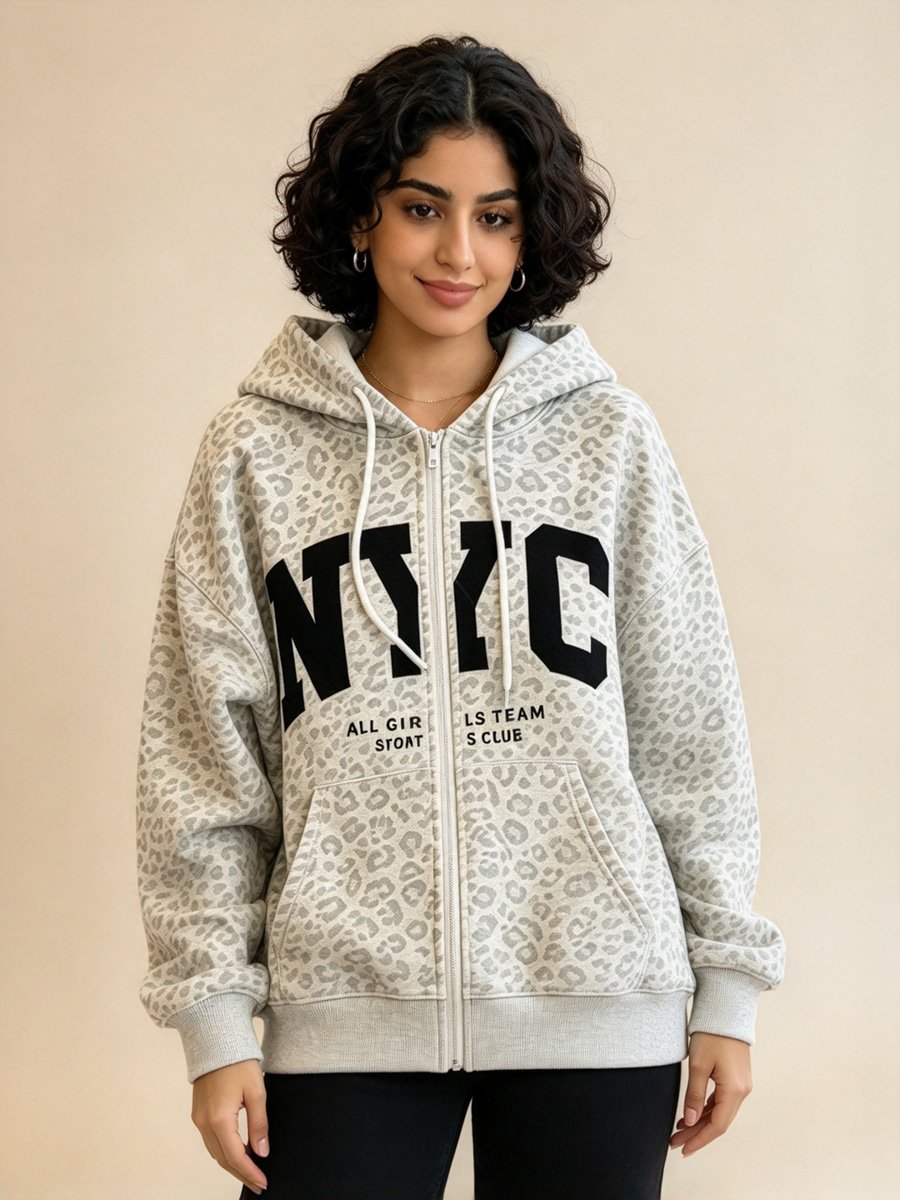 Beige Leopard Print NYC Zip-Up Hoodie
