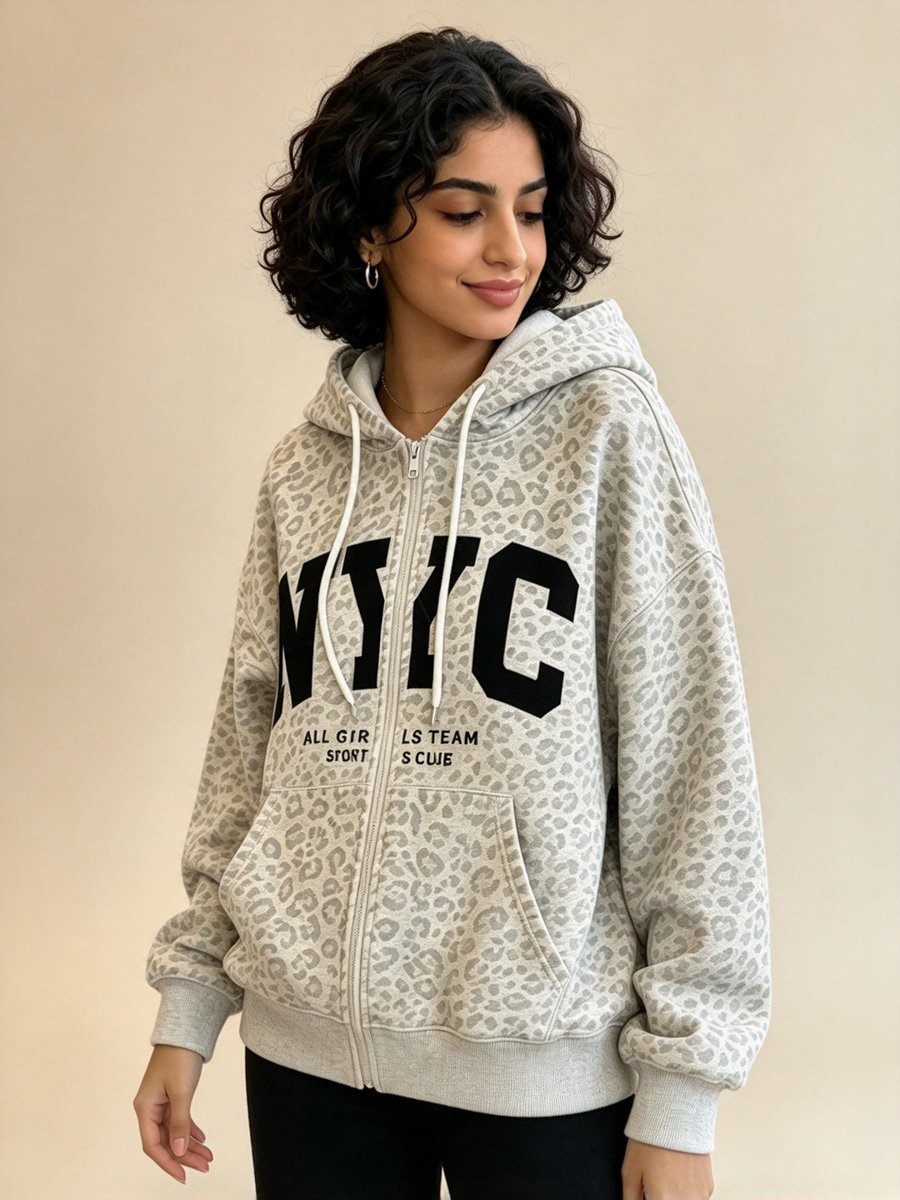 Beige Leopard Print NYC Zip-Up Hoodie