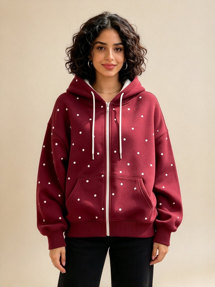Burgundy Polka Dot Zip-Up Hoodie