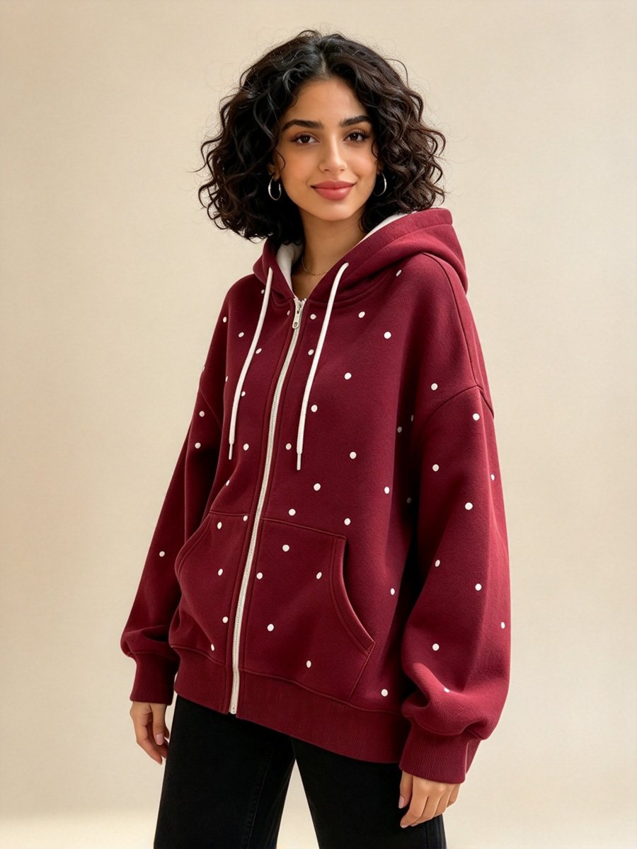 Burgundy Polka Dot Zip-Up Hoodie