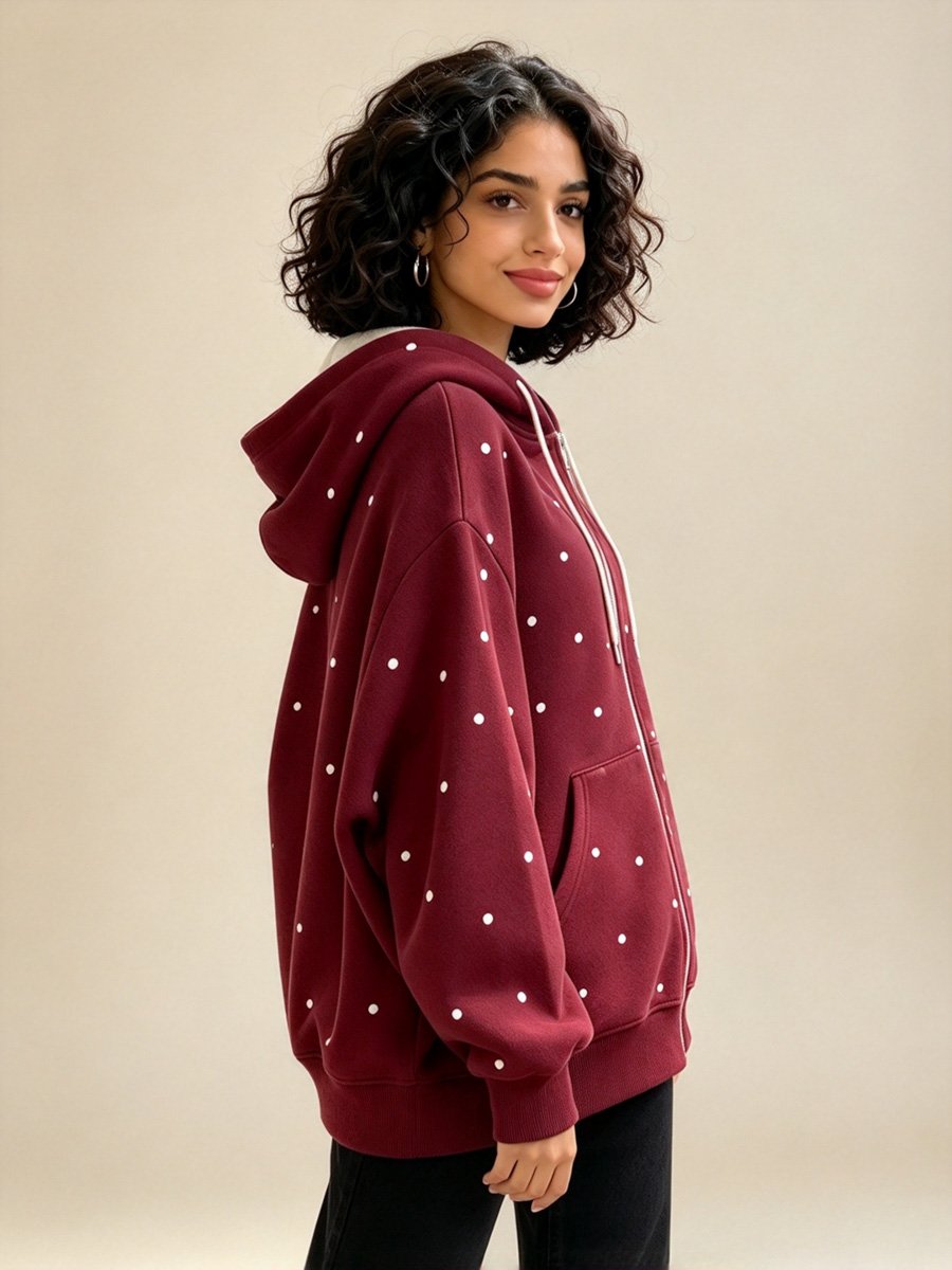Burgundy Polka Dot Zip-Up Hoodie