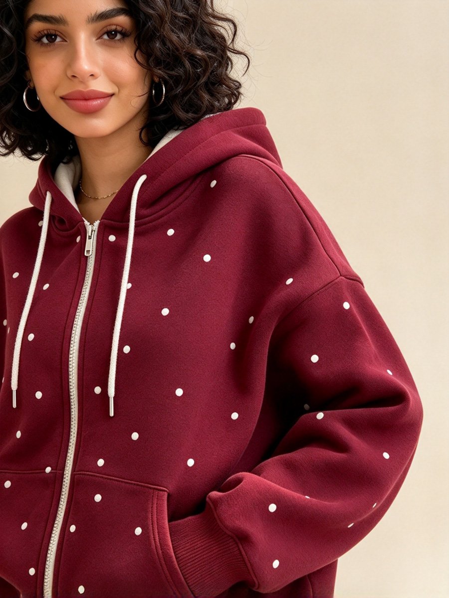 Burgundy Polka Dot Zip-Up Hoodie
