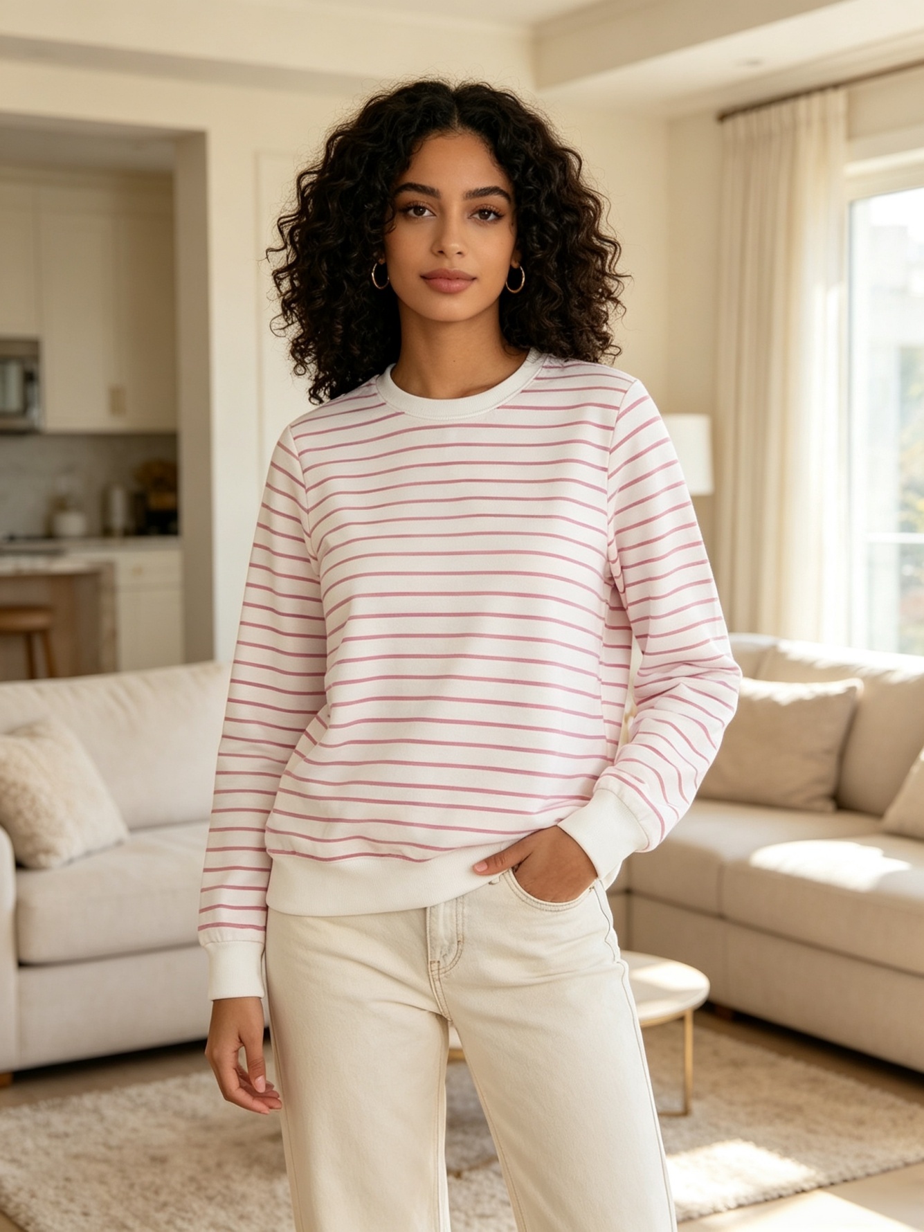 Womens Pink Striped Crew Neck Sweatshirt