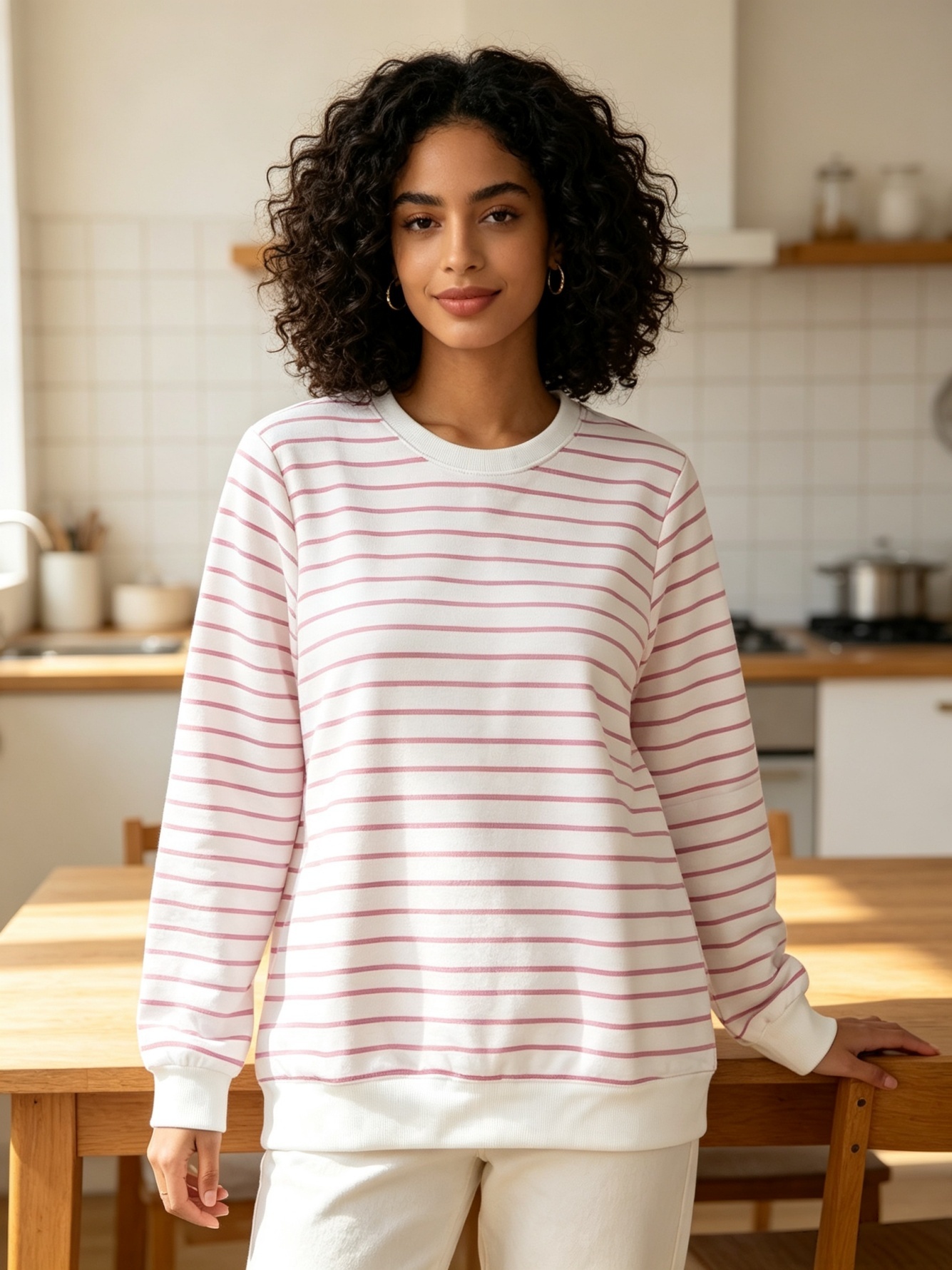 Womens Pink Striped Crew Neck Sweatshirt