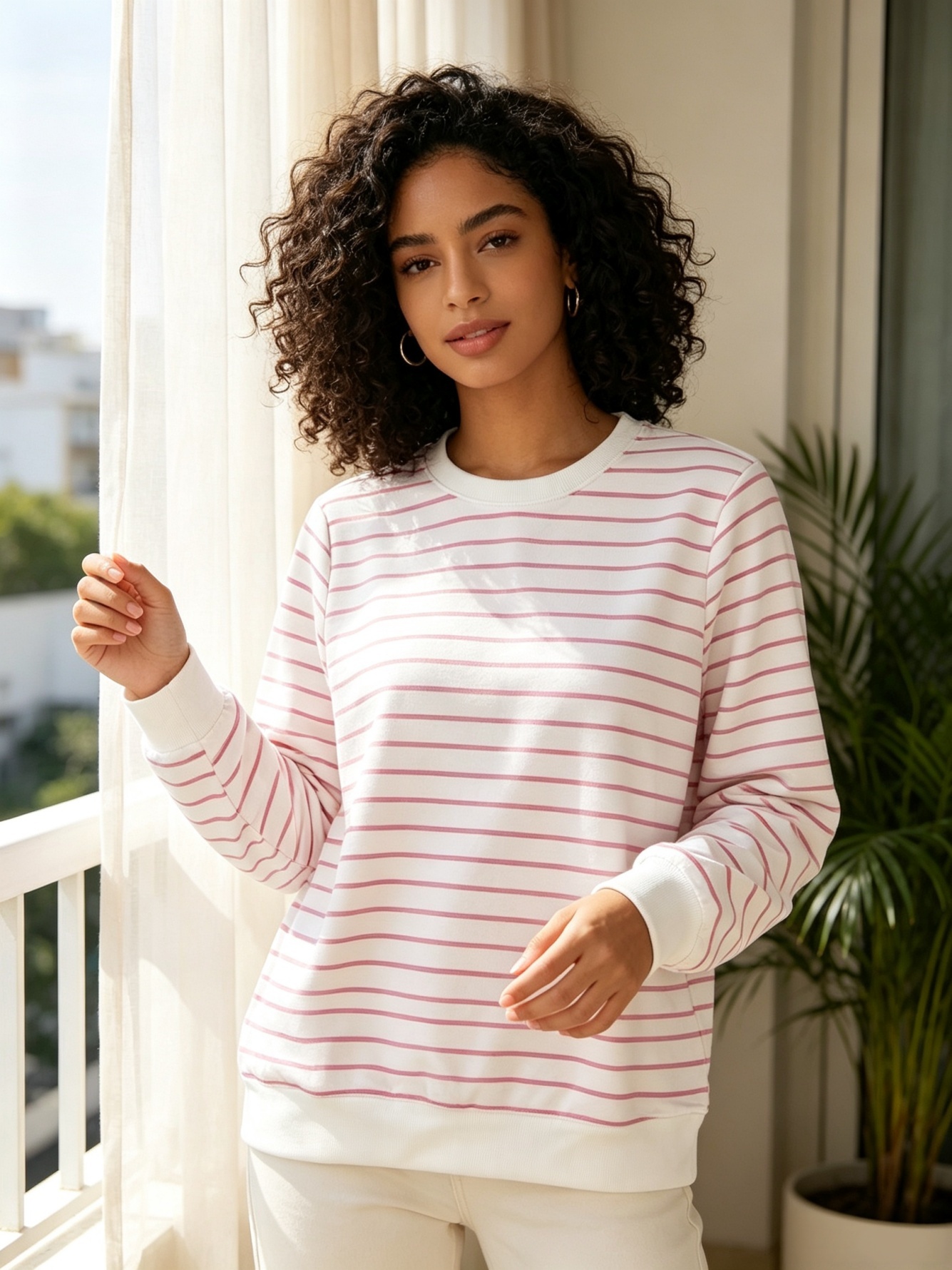 Womens Pink Striped Crew Neck Sweatshirt