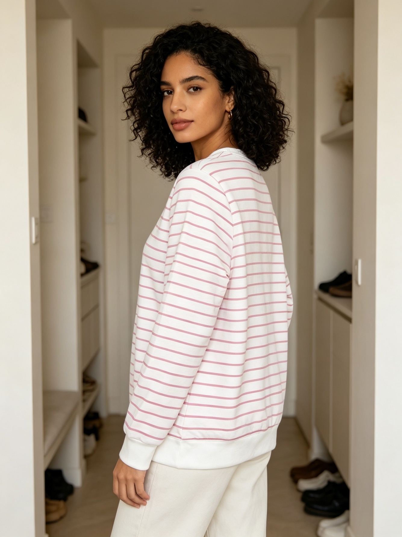 Womens Pink Striped Crew Neck Sweatshirt