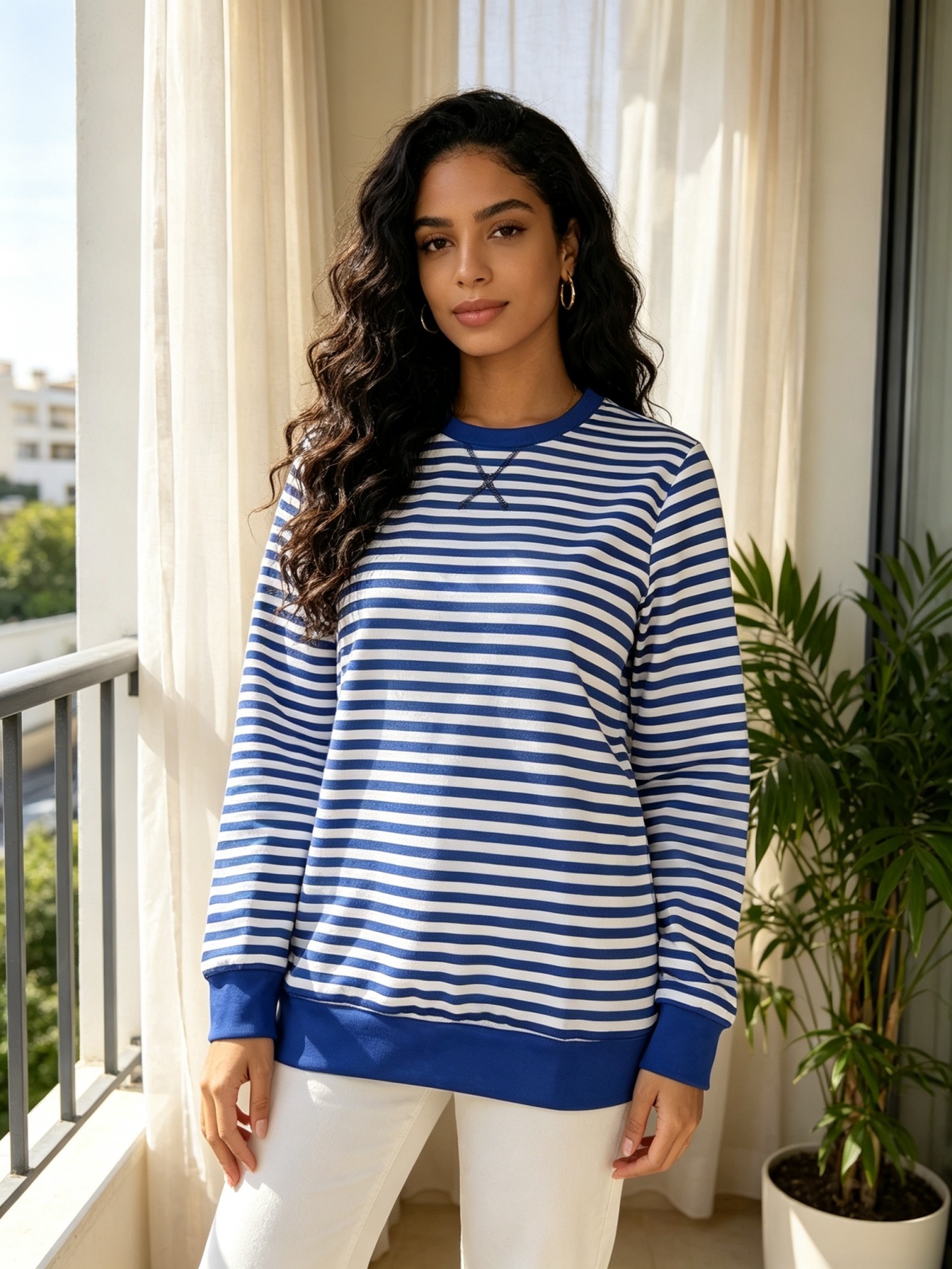 Womens Striped Crew Neck Sweatshirt - Blue & White Casual Pullover