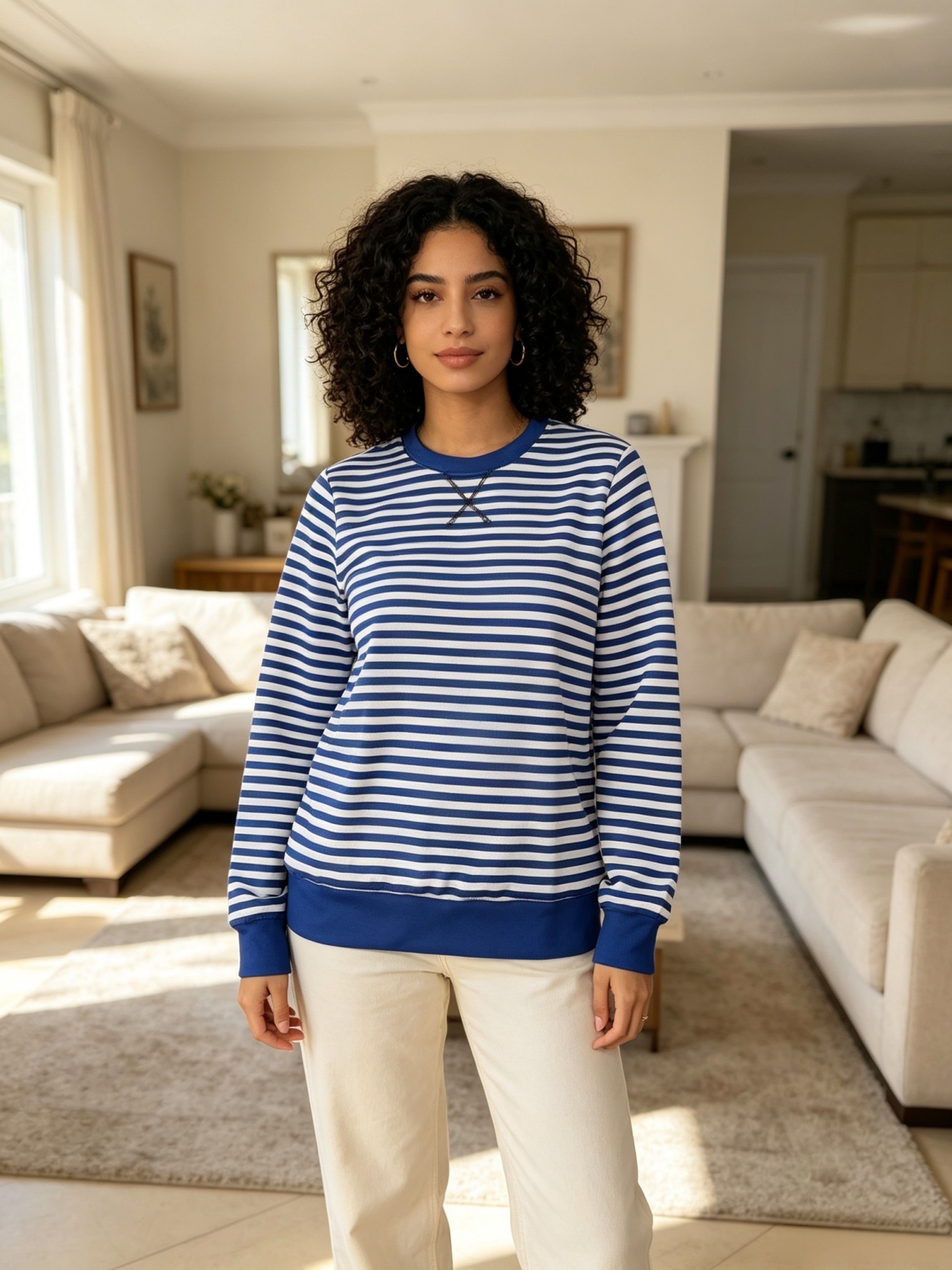 Womens Striped Crew Neck Sweatshirt - Blue & White Casual Pullover