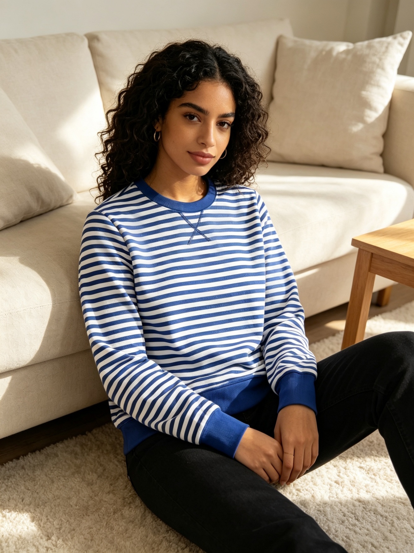Womens Striped Crew Neck Sweatshirt - Blue & White Casual Pullover