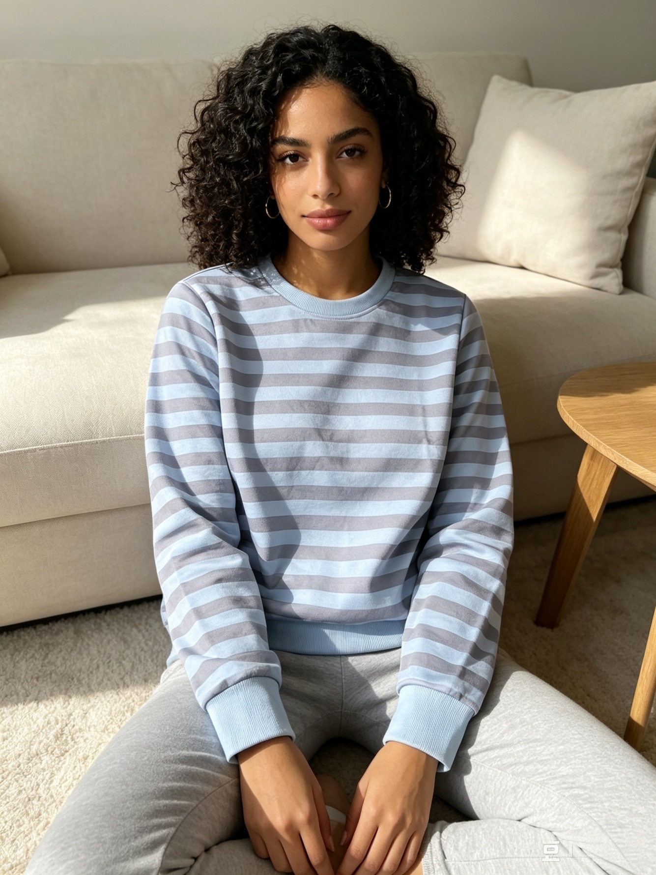Womens Light Blue Striped Crew Neck Sweatshirt - Regular Fit