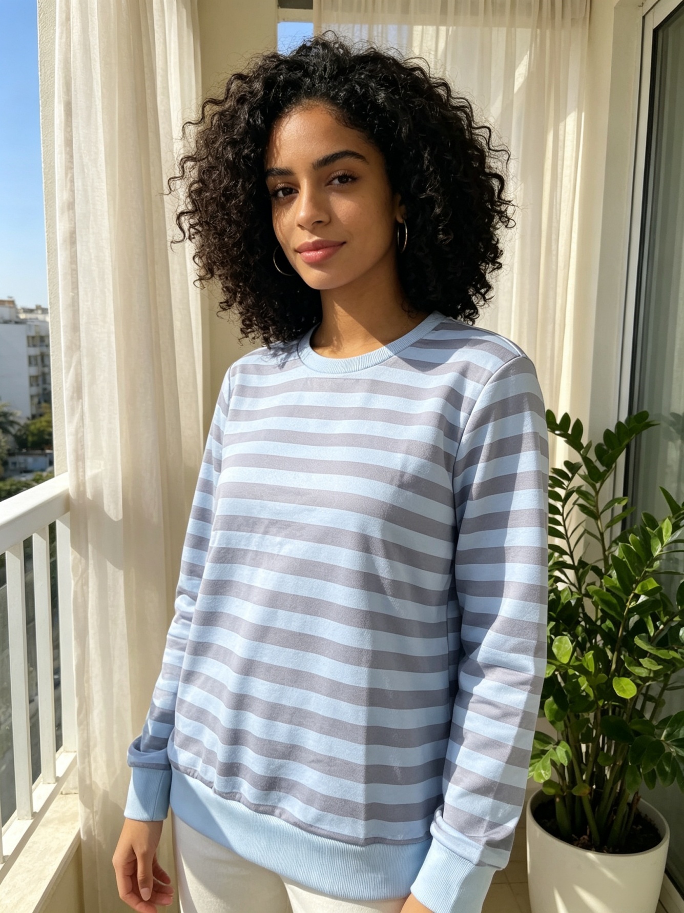 Womens Light Blue Striped Crew Neck Sweatshirt - Regular Fit