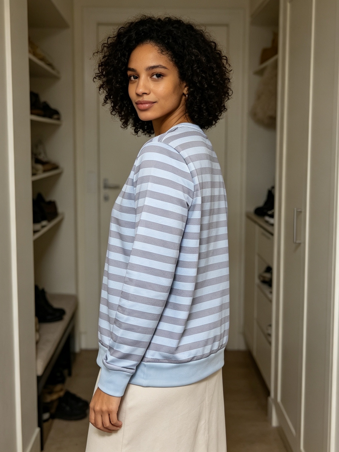 Womens Light Blue Striped Crew Neck Sweatshirt - Regular Fit