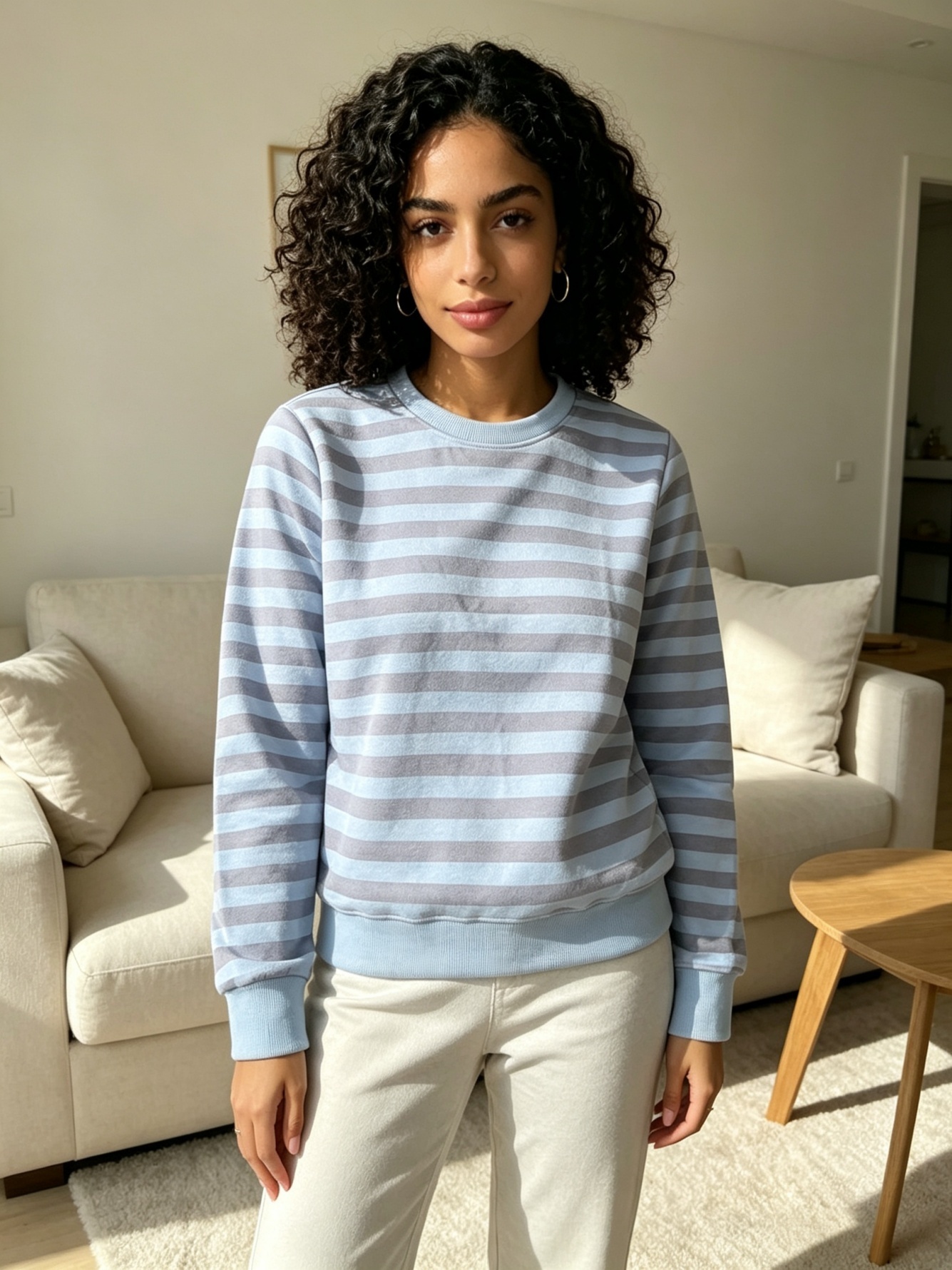 Womens Light Blue Striped Crew Neck Sweatshirt - Regular Fit