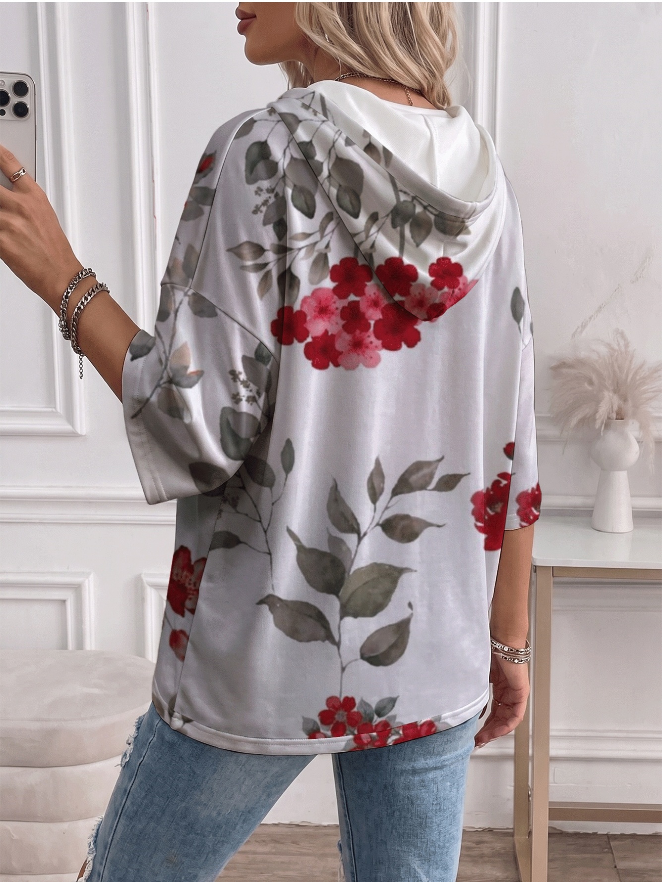Floral Print Drawstring Hooded Top with 3/4 Batwing Sleeves