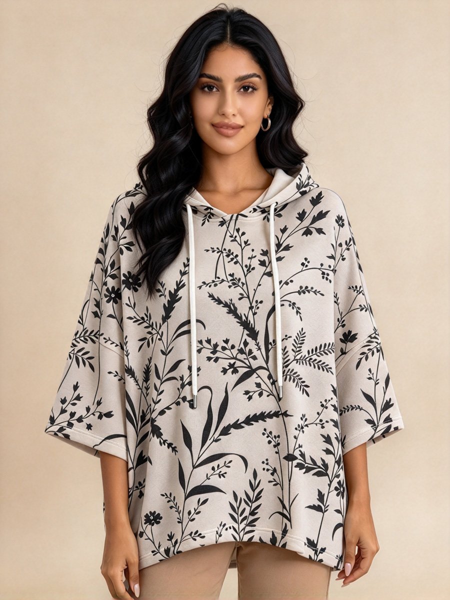 Grey Botanical Print Drawstring Hooded Top