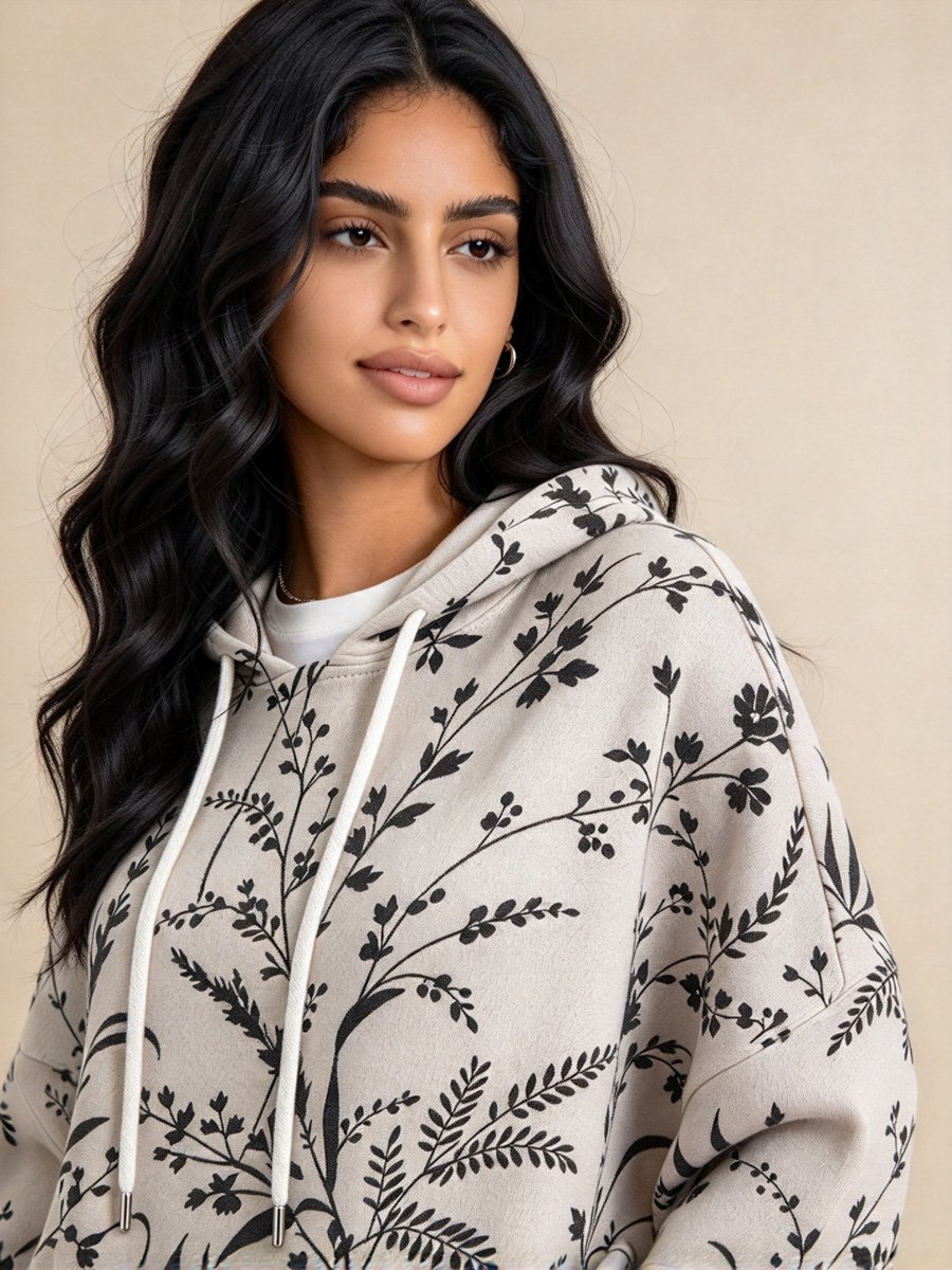 Grey Botanical Print Drawstring Hooded Top