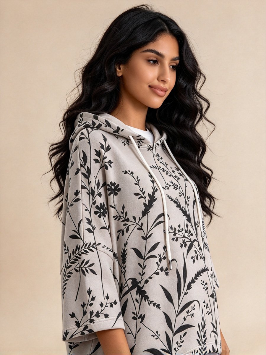 Grey Botanical Print Drawstring Hooded Top