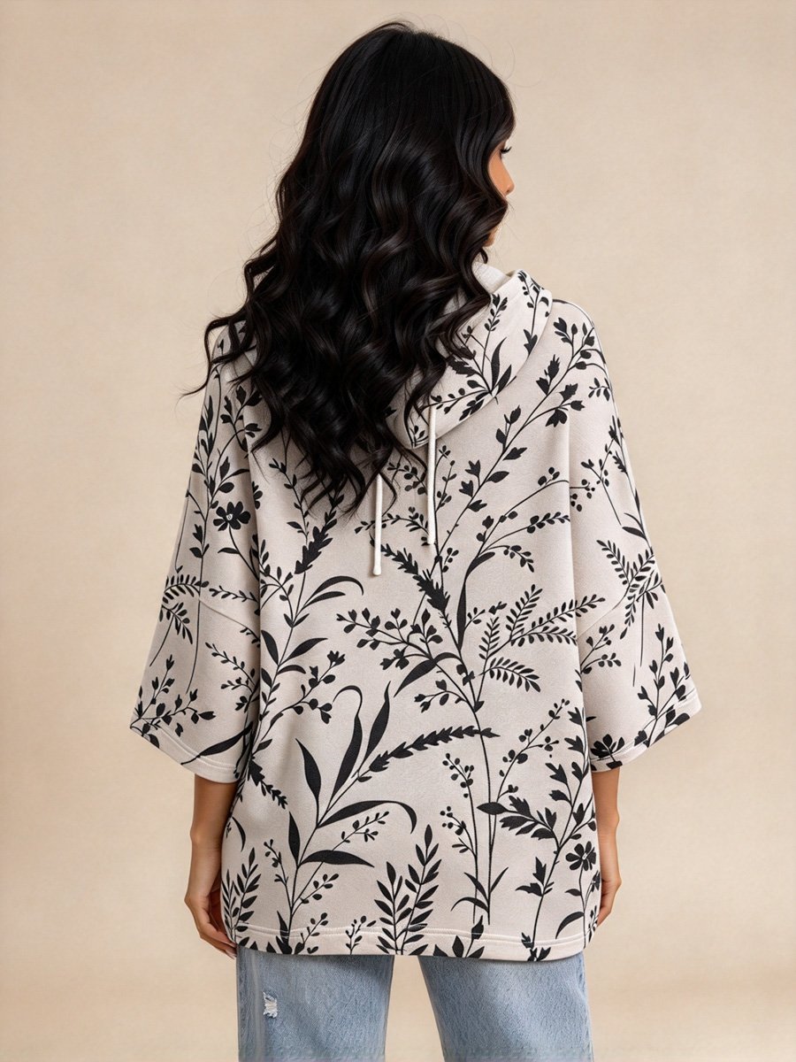Grey Botanical Print Drawstring Hooded Top