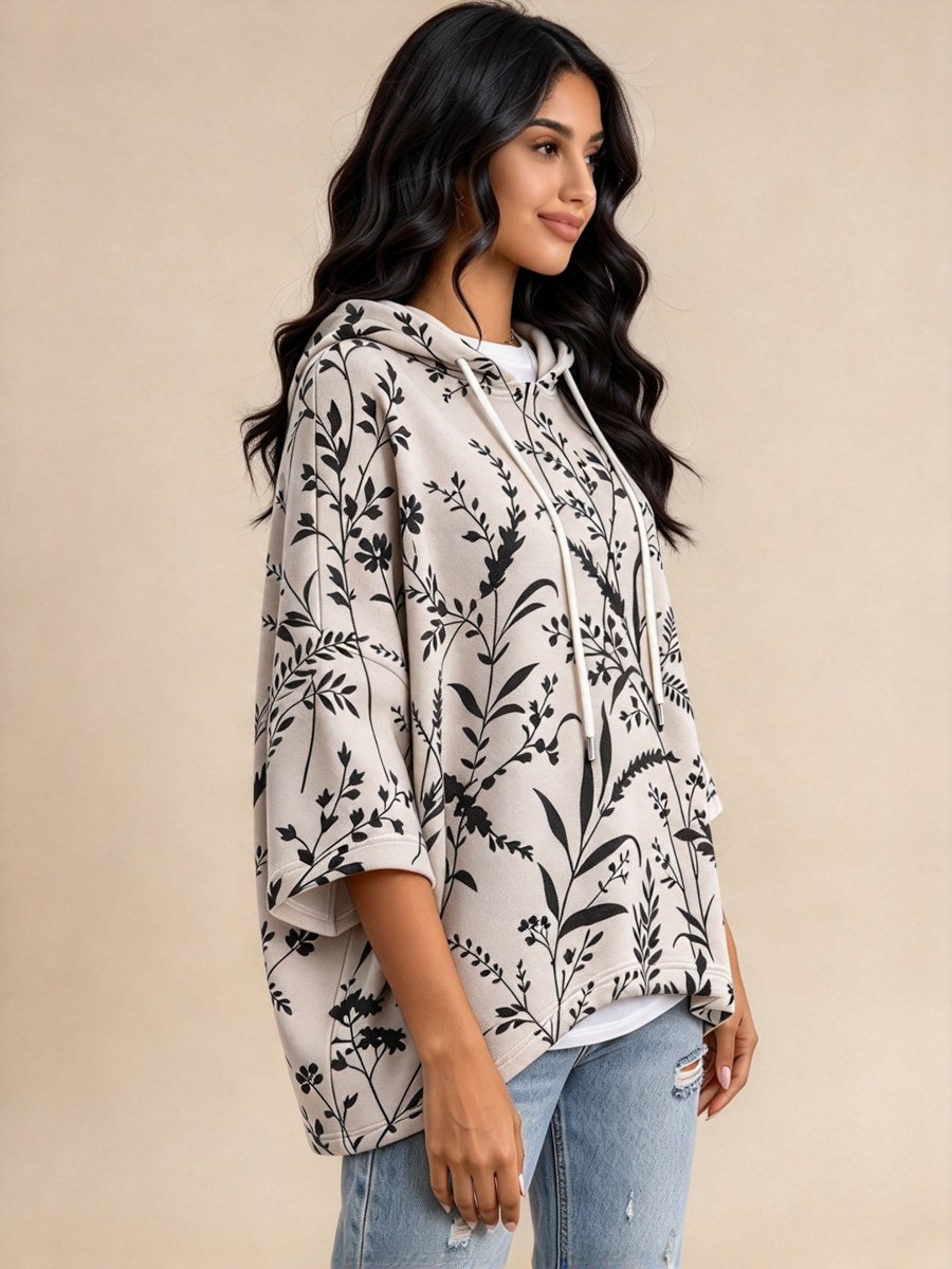 Grey Botanical Print Drawstring Hooded Top