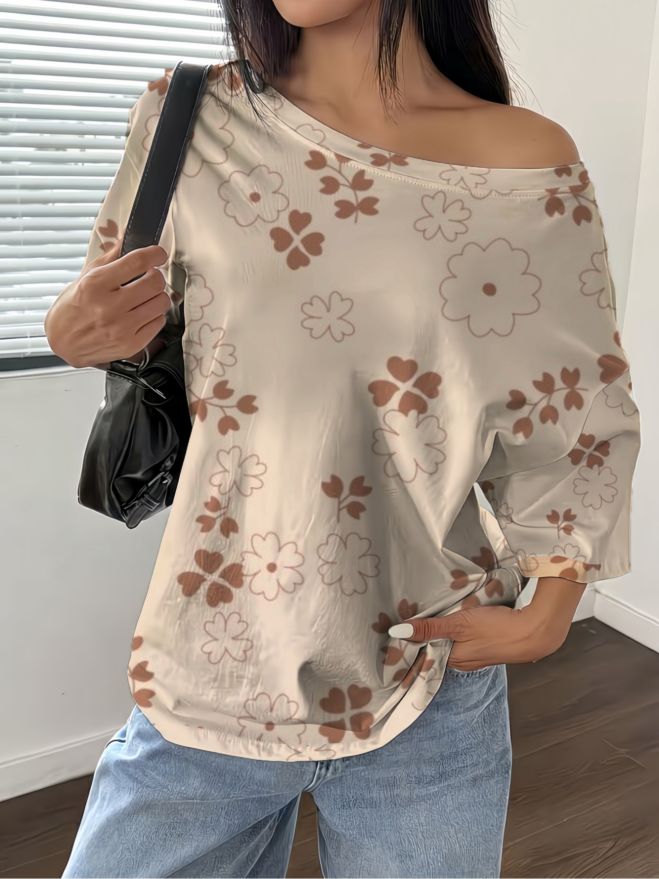 Khaki Brown Floral Clover Print Off-Shoulder Top