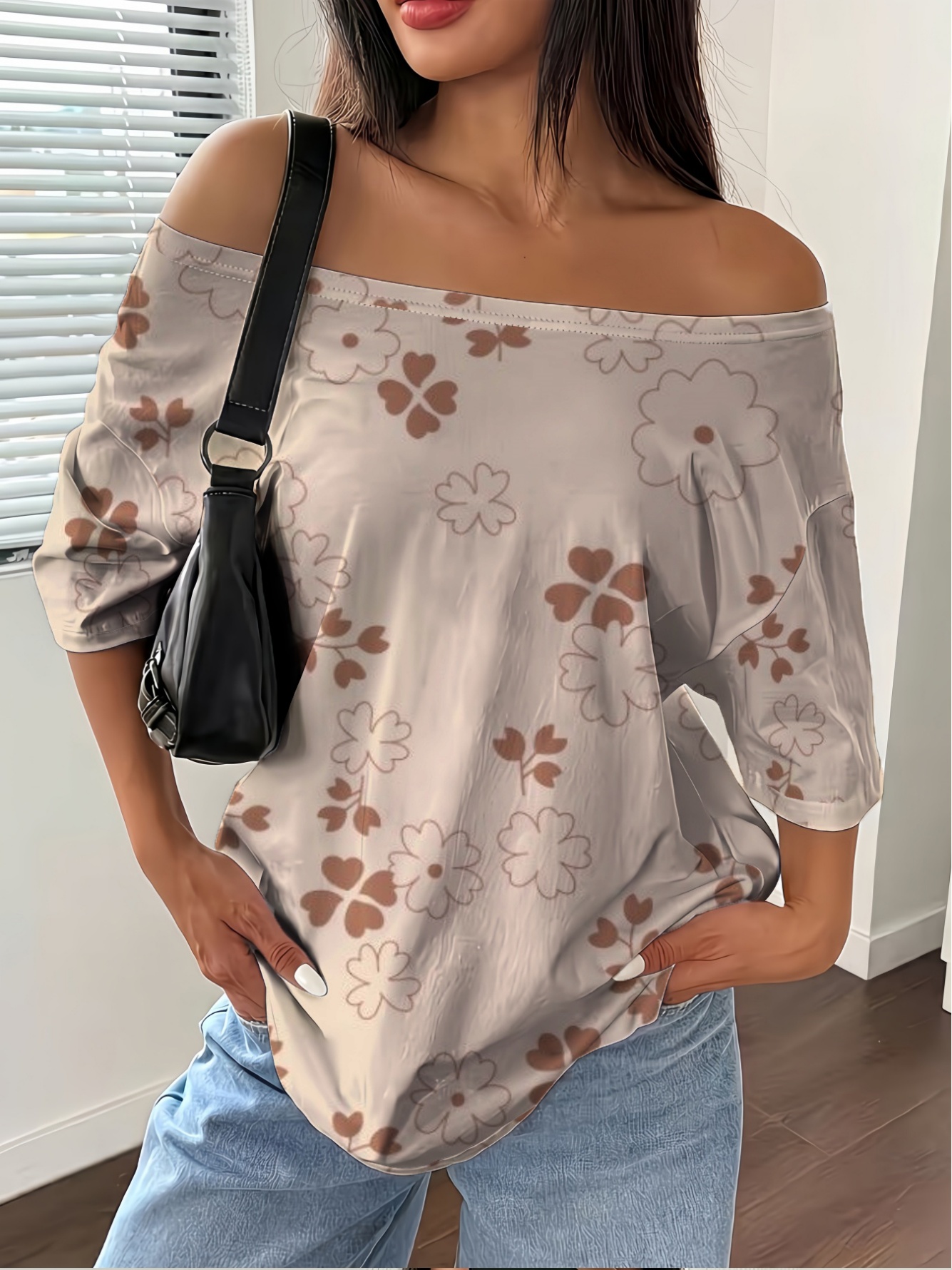 Khaki Brown Floral Clover Print Off-Shoulder Top